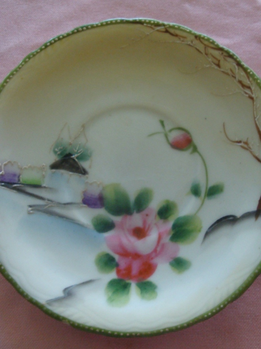 Vintage Hand Painted Japan TT Porcelain Saucer Plate Pink Flower Garden